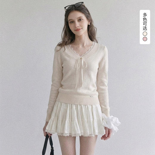 西遇V领系带蕾丝针织衫女2026秋季花边温柔修身显瘦长袖上衣SS060943 商品图0