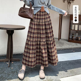 西遇复古格纹拼接半身裙女2026秋季大摆蛋糕设计感遮肉显瘦长裙SS060940