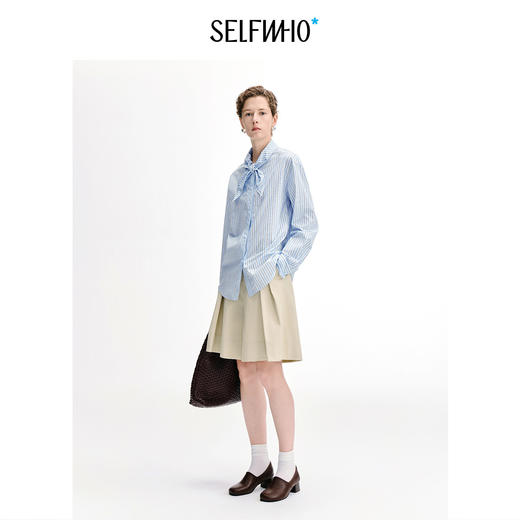 SELFWHO纯棉经典绑带领条纹衬衫女2026秋季新款宽松百搭长袖衬衣 商品图3