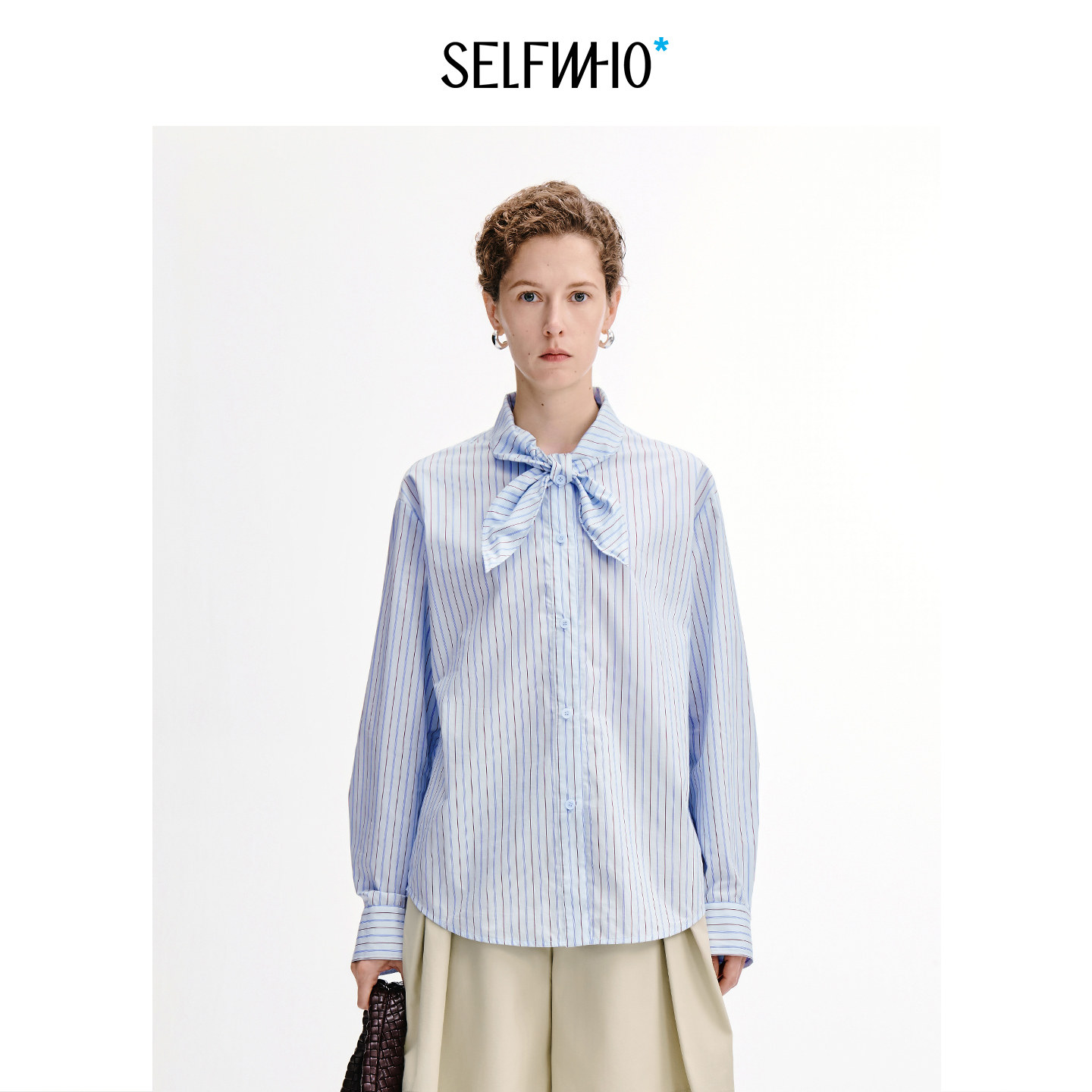 SELFWHO纯棉经典绑带领条纹衬衫女2026秋季新款宽松百搭长袖衬衣