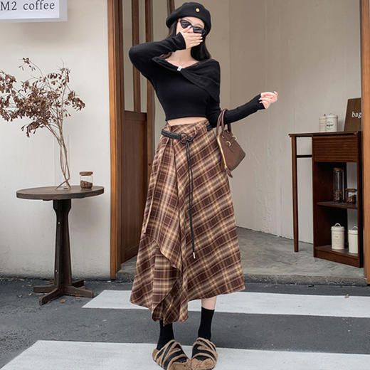 西遇复古格纹半身裙女2026秋季不规则系带松紧腰遮肉显瘦长裙SS060941 商品图1