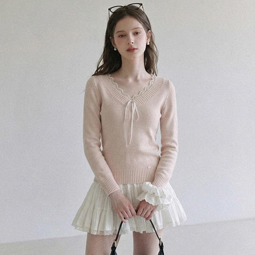 西遇V领系带蕾丝针织衫女2026秋季花边温柔修身显瘦长袖上衣SS060943 商品图4