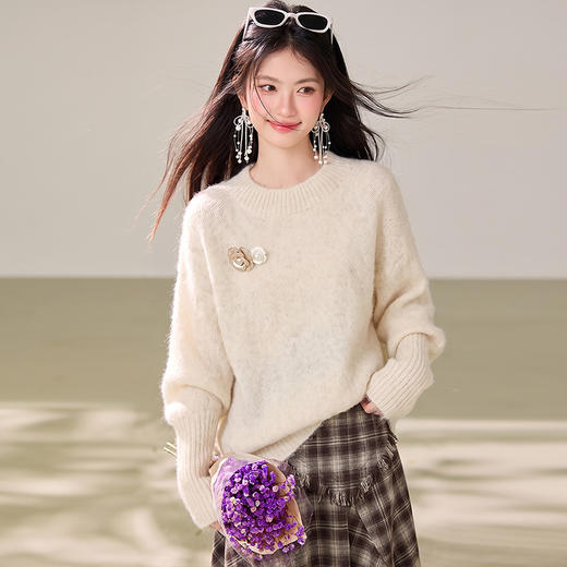 西遇慵懒风蝙蝠袖针织衫女2026秋季立体花朵宽松显瘦长袖上衣SS060935 商品图2