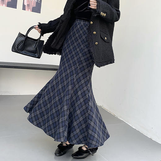 西遇复古格纹鱼尾半身裙女2026秋季磨毛气质高级遮肉显瘦长裙SS060942 商品图2