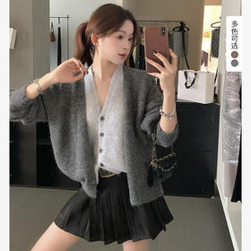 西遇美拉德撞色针织开衫女2026秋季假两件V领慵懒显瘦长袖上衣SS060937