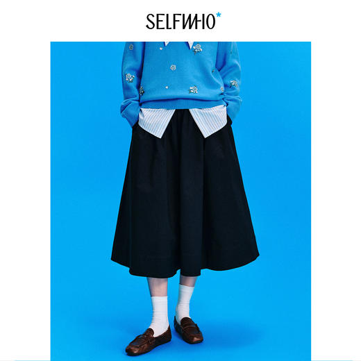 [张子枫同款]SELFWHO午夜蓝工装半身裙女秋季新款大摆中长款伞裙 商品图3