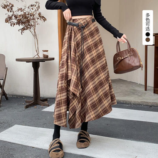 西遇复古格纹半身裙女2026秋季不规则系带松紧腰遮肉显瘦长裙SS060941 商品图0