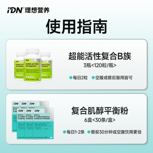 【新品上市｜搭配组合】IDN理想营养｜180天代谢重组组合 超能活性复合维生素B族 120粒*3瓶 复合肌醇平衡粉 30条*6盒（跨境海淘商品不支持7天无理由退换） 商品图1