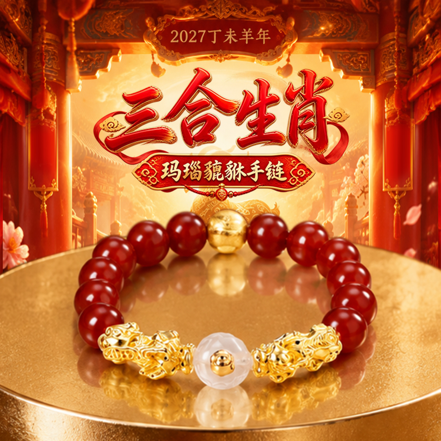 2027羊年三合生肖玛瑙貔貅手链羊牛鼠狗本命年太岁手串【含师傅祈福，发货周期7-15天】