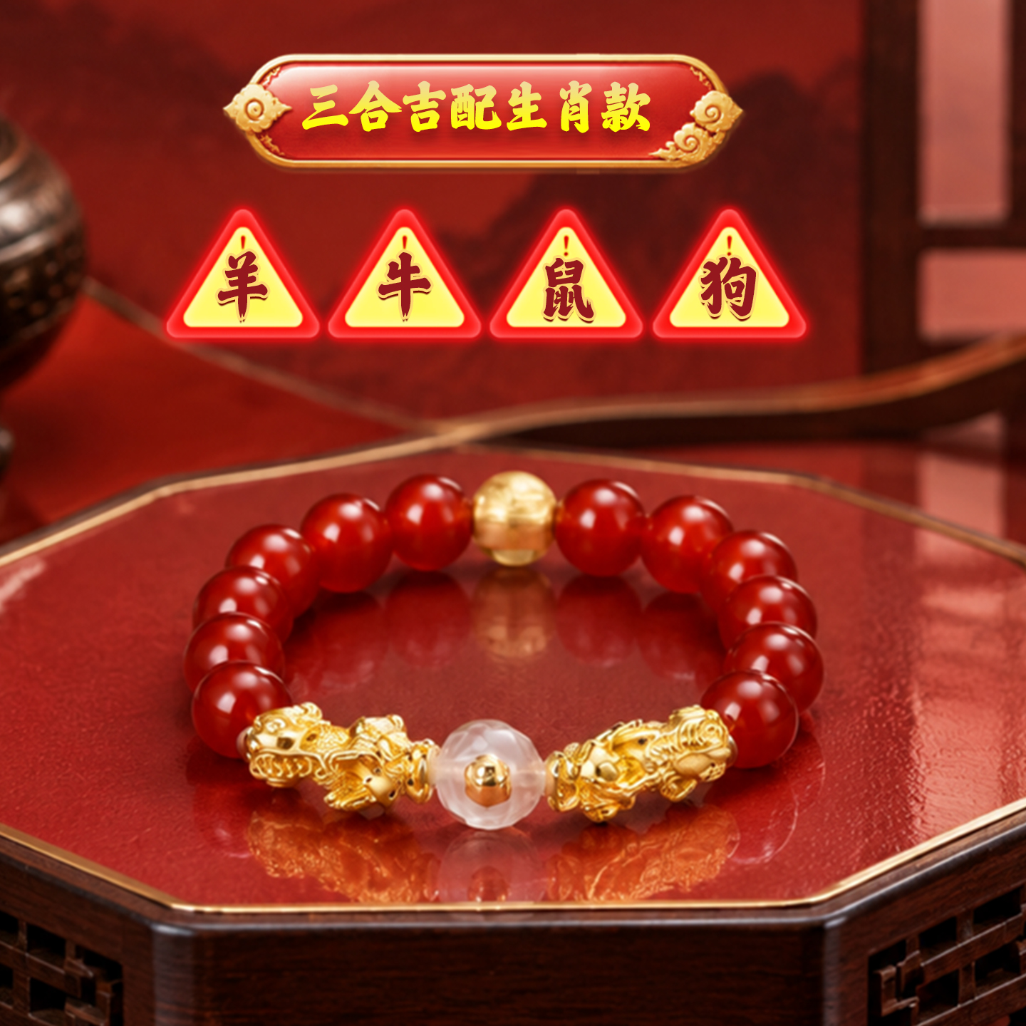 2027羊年三合生肖玛瑙貔貅手链羊牛鼠狗本命年太岁手串【含师傅祈福，发货周期7-15天】