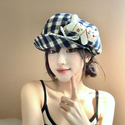 韩系氛围感满满！【不挑脸型，日常好搭】日系卡通小猫蝴蝶结格纹八角帽女春秋出游显脸小y2k复古贝雷帽子。wb 商品图1