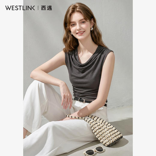 西遇韩版潮女时尚2026夏季小众斜边个性垂领打底无袖T恤修身上衣H0060308 商品图4