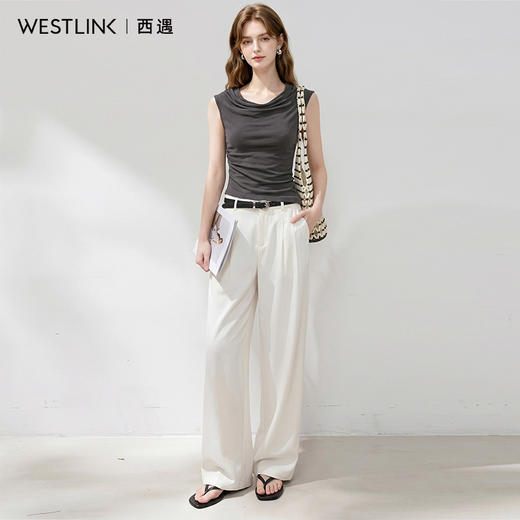 西遇韩版潮女时尚2026夏季小众斜边个性垂领打底无袖T恤修身上衣H0060308 商品图3