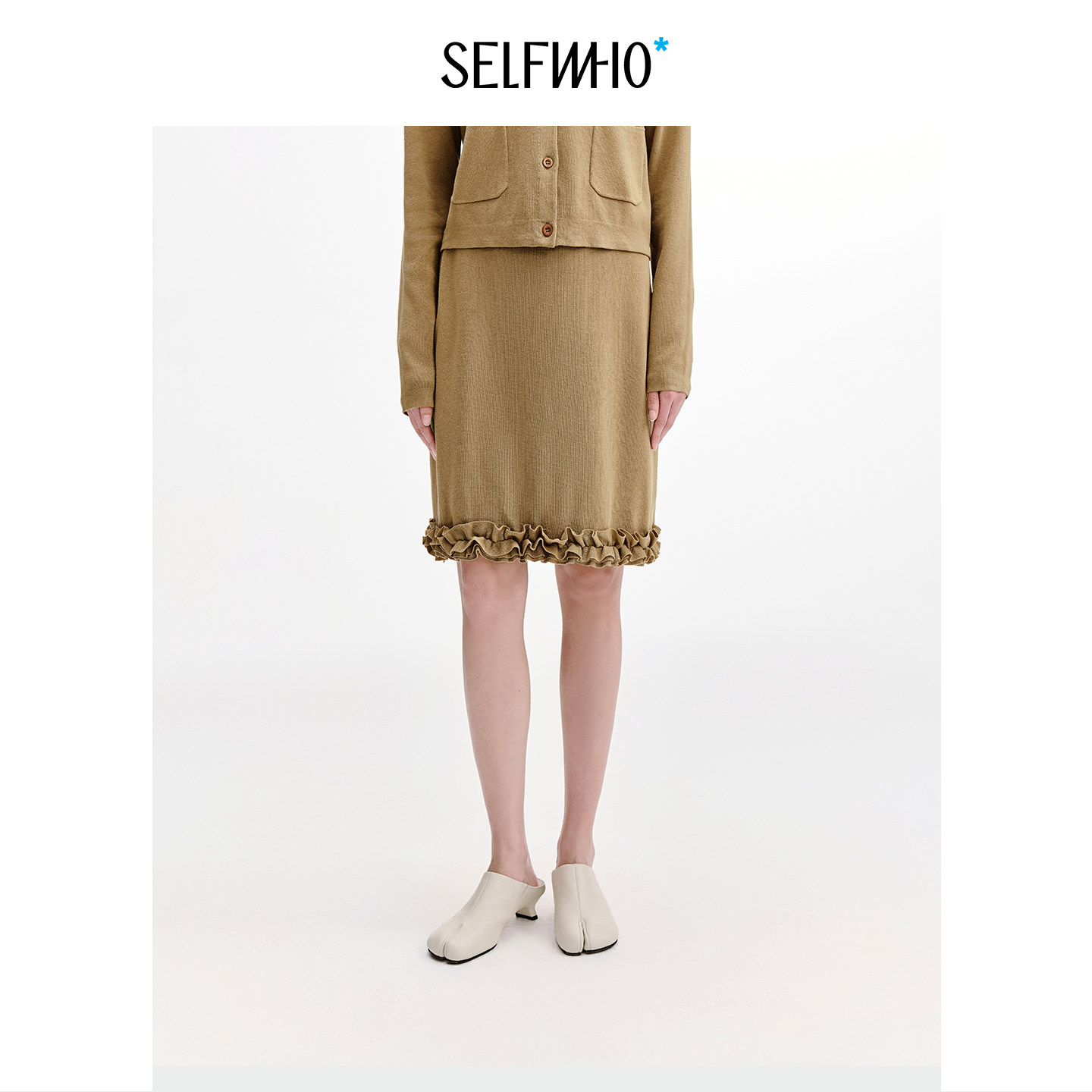 SELFWHO亚麻混纺不规则重瓣花边针织半身裙女2026秋新款直筒短裙