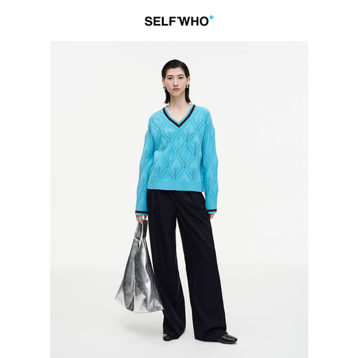 SELFWHO羊毛混纺撞色菱形毛衣女2026冬新款宽松软糯V领套头针织衫 商品图2