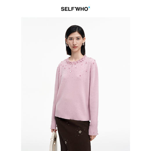 SELFWHO100%绵羊毛手工钉珠毛衣女2026冬季新款保暖圆领针织上衣 商品图0