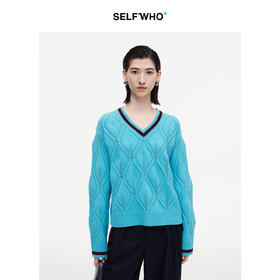 SELFWHO羊毛混纺撞色菱形毛衣女2026冬新款宽松软糯V领套头针织衫