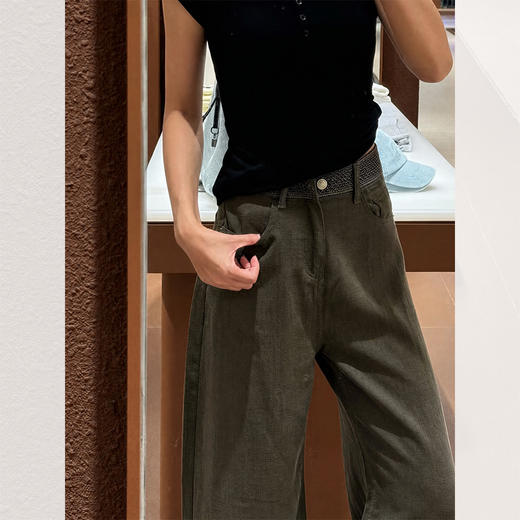西遇天丝亚麻阔腿裤女2026秋季高腰腰头宽松慵懒设计感直筒裤SS060962 商品图3