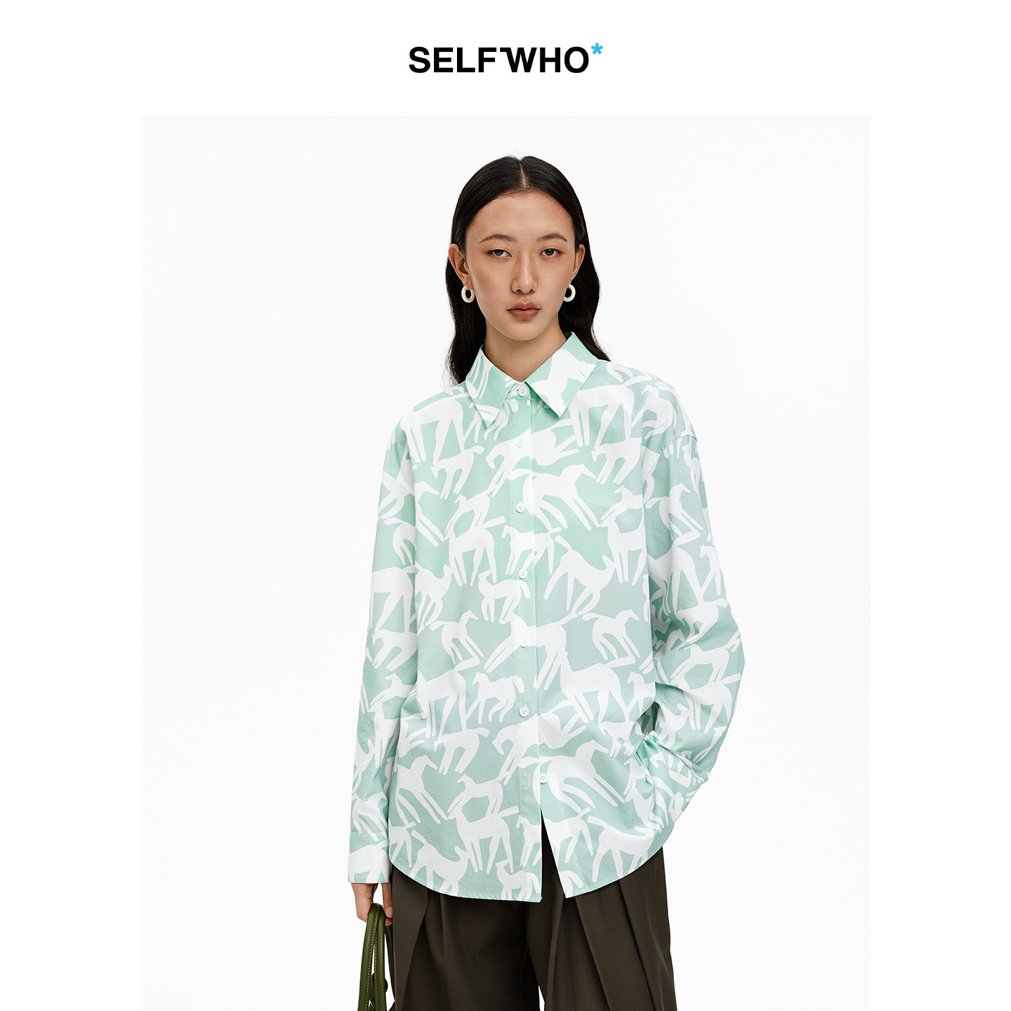 SELFWHO棉混纺生肖马印花翻领衬衫女2026秋新款宽松落肩长袖上衣