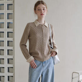 西遇老钱风绞花开衫女2026秋季复古假两件衬衫领气质拼接上衣SS060978