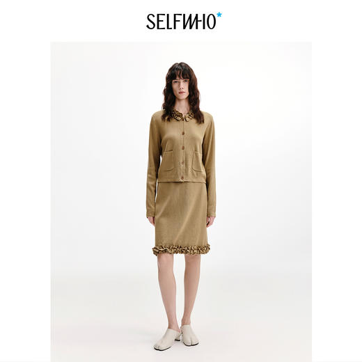 SELFWHO亚麻混纺不规则重瓣花边针织半身裙女2026秋新款直筒短裙 商品图1