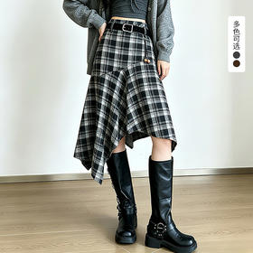 西遇复古格纹半身裙女2026秋季不规则剪裁气质百搭显瘦大摆长裙SS060946