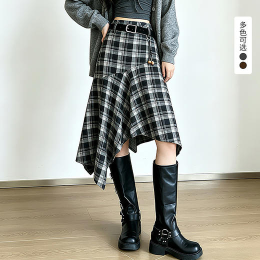 西遇复古格纹半身裙女2026秋季不规则剪裁气质百搭显瘦大摆长裙SS060946 商品图0