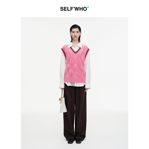 SELFWHO羊毛混纺撞色菱形镂空背心毛衣女2026冬新款宽松V领针织衫 商品图3
