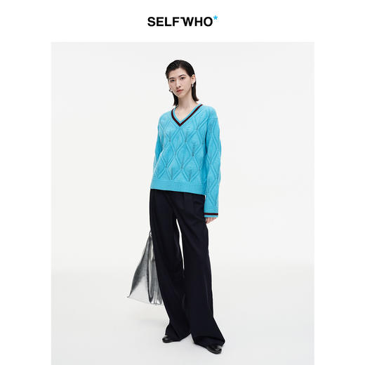SELFWHO羊毛混纺撞色菱形毛衣女2026冬新款宽松软糯V领套头针织衫 商品图3