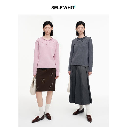 SELFWHO100%绵羊毛手工钉珠毛衣女2026冬季新款保暖圆领针织上衣 商品图1