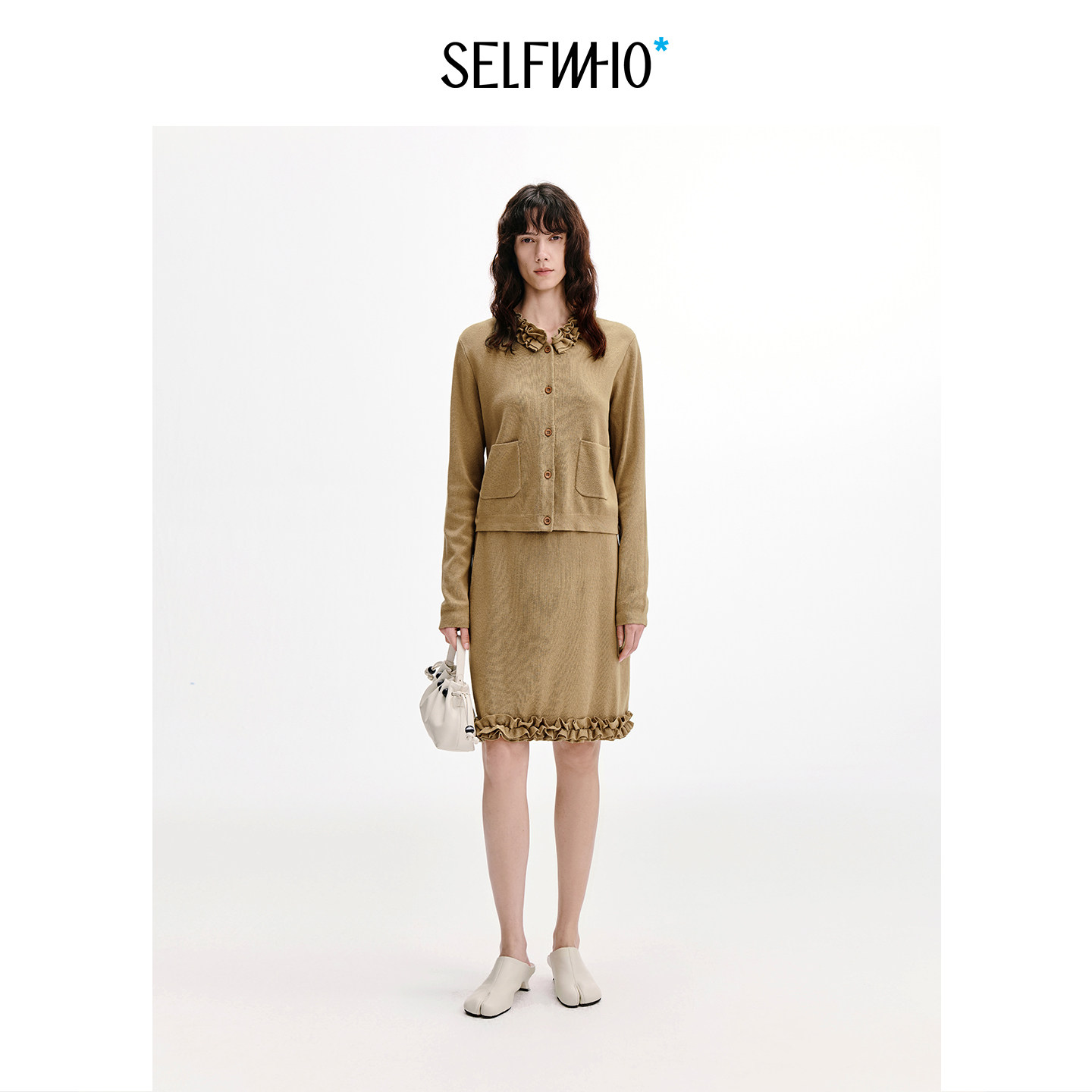 SELFWHO亚麻混纺不规则重瓣花领针织开衫女2026秋新款半身裙套装