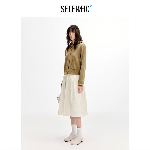 SELFWHO亚麻混纺不规则重瓣花领针织开衫女2026秋新款半身裙套装 商品图1