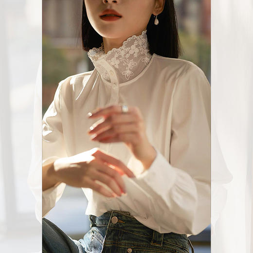 西遇蕾丝立领衬衫女2026秋季优雅月光白设计感温柔显瘦长袖上衣SS060969 商品图2