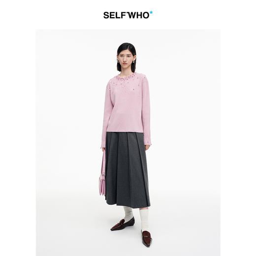 SELFWHO100%绵羊毛手工钉珠毛衣女2026冬季新款保暖圆领针织上衣 商品图2