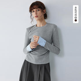 西遇撞色拼接长袖T恤女2026秋季正肩条纹简约显瘦气质设计上衣SS060957