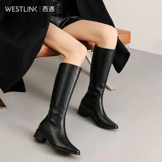 西遇尖头高靴女2026新款冬季高筒皮面不过膝显腿长气质骑士靴V2366681 商品图1