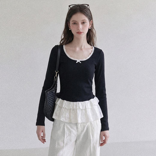 【预售清零下架】西遇假两件蕾丝T恤女2026秋季荷叶花边蝴蝶结设计感长袖内搭SS060954 商品图2