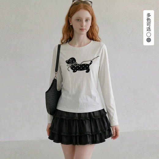 西遇可爱小狗印花圆领T恤女2026秋季长袖刺绣修身显瘦百搭上衣SS060952 商品图0