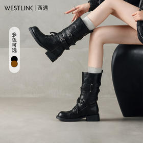 西遇复古马丁靴女2026新款冬季内增高西部牛仔靴皮带扣粗跟时装靴V2366678/V2366680