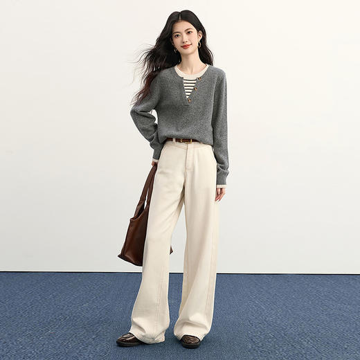 西遇假两件灰色条纹拼接毛衣女2026秋冬慵懒松弛感套头针织衫SS060985 商品图2