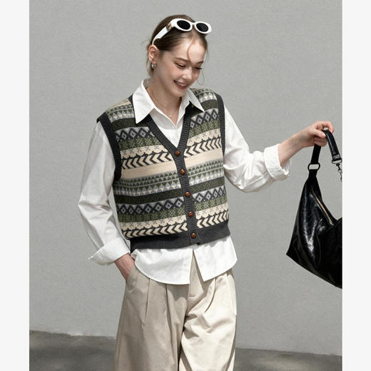 西遇复古提花针织马甲女2026秋季设计感宽松叠穿外搭背心SS060990 商品图1