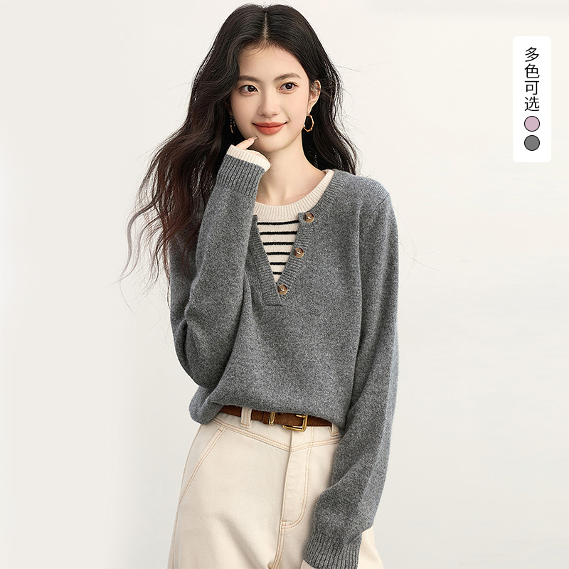西遇假两件灰色条纹拼接毛衣女2026秋冬慵懒松弛感套头针织衫SS060985