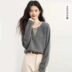 西遇假两件灰色条纹拼接毛衣女2026秋冬慵懒松弛感套头针织衫SS060985