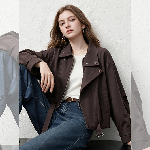 【限时秒杀】【高棉舒适】2026秋复古立领机车夹克风衣宽松工装外套上衣女H2560502 商品图1