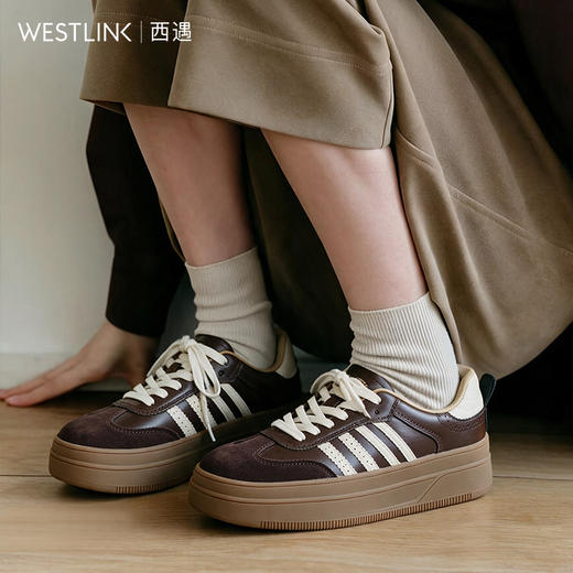西遇复古条纹德训鞋女2026新款秋季厚底拼色系带百搭舒适休闲板鞋V0066698 商品图2
