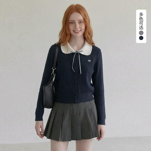 西遇学院风花边娃娃领针织衫女2026秋季藏蓝减龄修身长袖上衣SS060983 商品图0