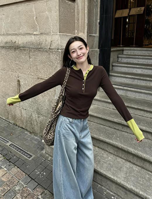 美拉德撞色芥末绿亨利领打底衫 ，一件拿捏秋日高级感，显白、显瘦、更时髦！ 商品图6