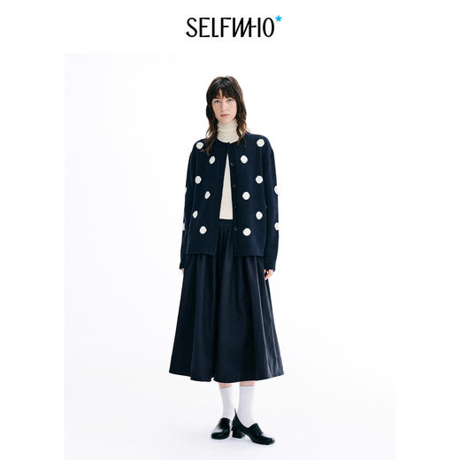 SELFWHO绵羊毛混纺撞色圆领波点针织开衫女2026冬季新款半裙套装 商品图1