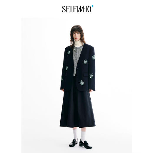 SELFWHO绵羊毛混纺绿绒蒿刺绣单面呢西装女2026冬季新款宽松外套 商品图2
