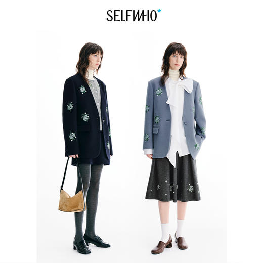 SELFWHO绵羊毛混纺绿绒蒿刺绣单面呢西装女2026冬季新款宽松外套 商品图1